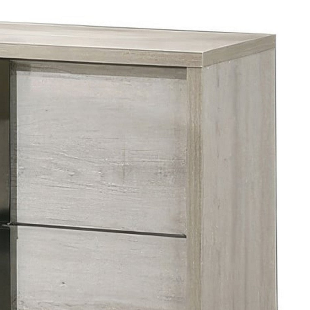 Benjara Hyao Nightstand, 26 Inch, 2 Drawers, Chrome Handles, White Wash Veneer