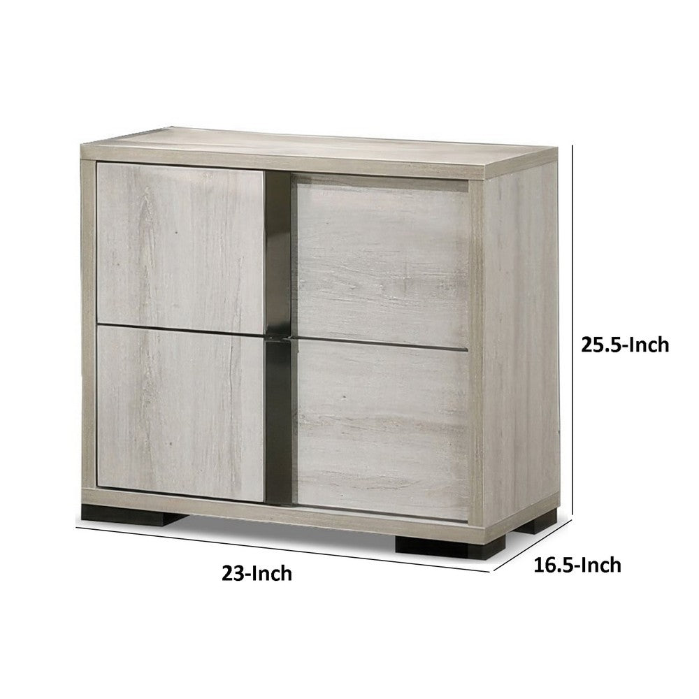 Benjara Hyao Nightstand, 26 Inch, 2 Drawers, Chrome Handles, White Wash Veneer