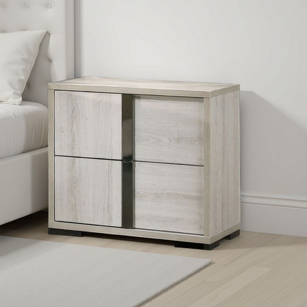 Benjara Hyao Nightstand, 26 Inch, 2 Drawers, Chrome Handles, White Wash Veneer