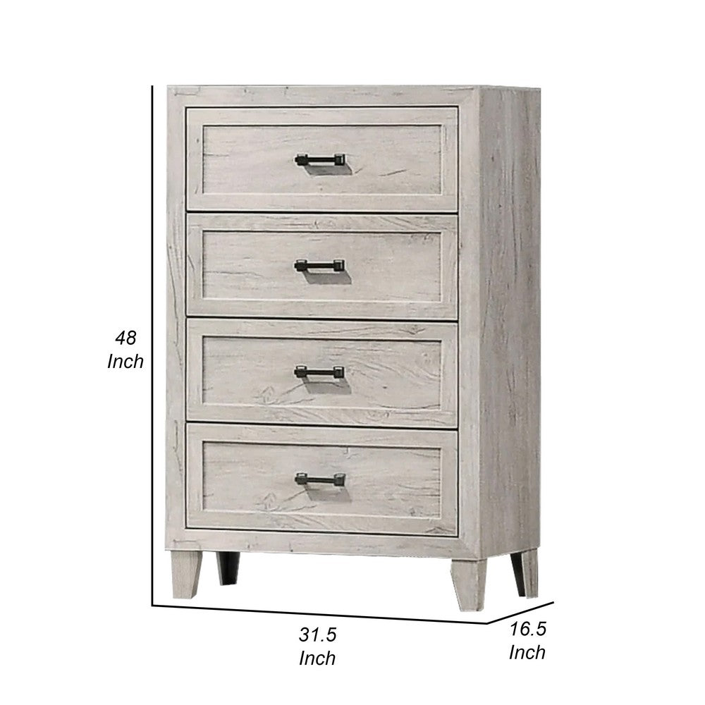 Benjara Miot Tall Dresser Chest, 4 Drawers w Metal Handles, White Wash Wood