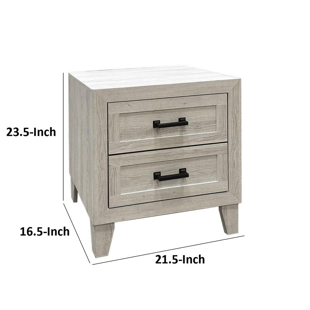 Benjara Miot Nightstand, 2 Drawers w Metal Handles, White Wash Wood, 24 Inch