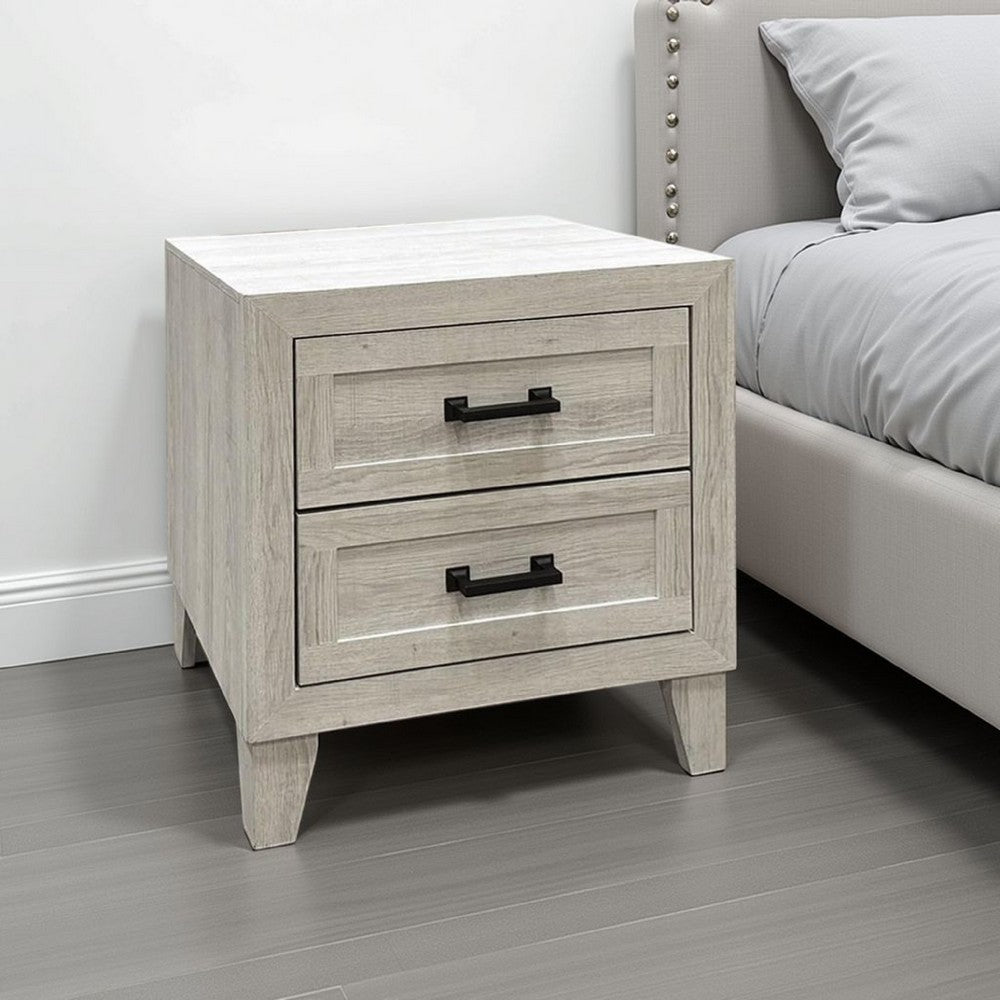 Benjara Miot Nightstand, 2 Drawers w Metal Handles, White Wash Wood, 24 Inch