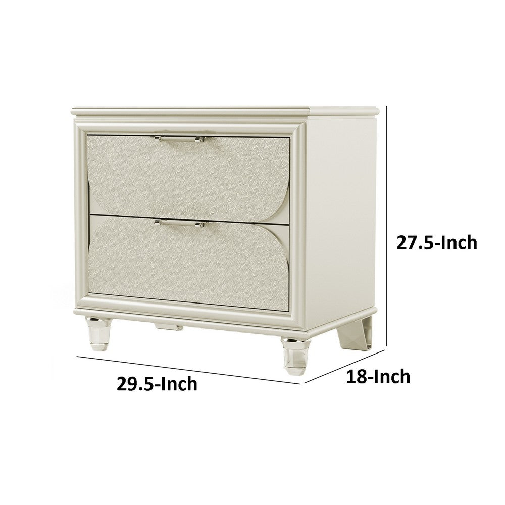 Benjara Zema Nightstand, 2 Drawers w Acrylic Handles, Silver Rubberwood, 30 Inch