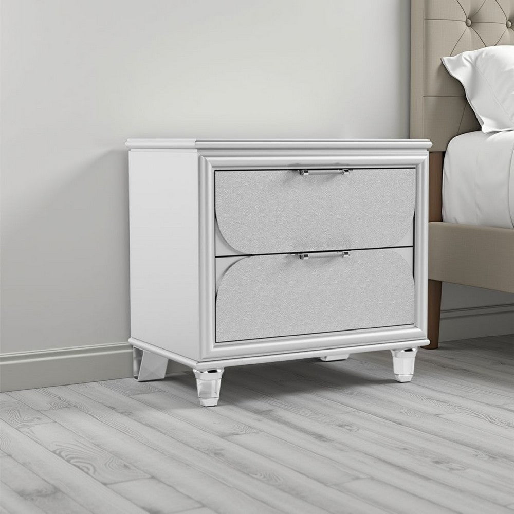 Benjara Dima Nightstand, 2 Drawers w Acrylic Handles, White Rubberwood, 24 Inch