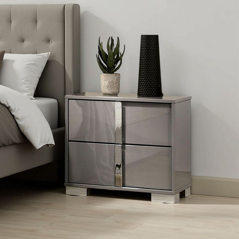 Benjara Suni Nightstand, Light Taupe Wood with UV Finish, 2 Drawers, 24 Inch