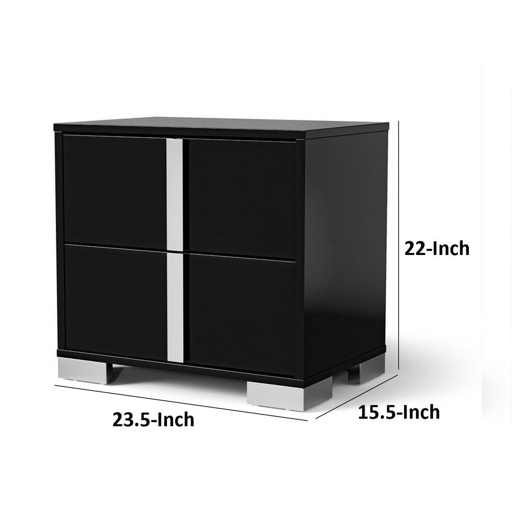 Benjara Suni Nightstand, Piano Black Wood with UV Finish, 2 Drawers, 24 Inch
