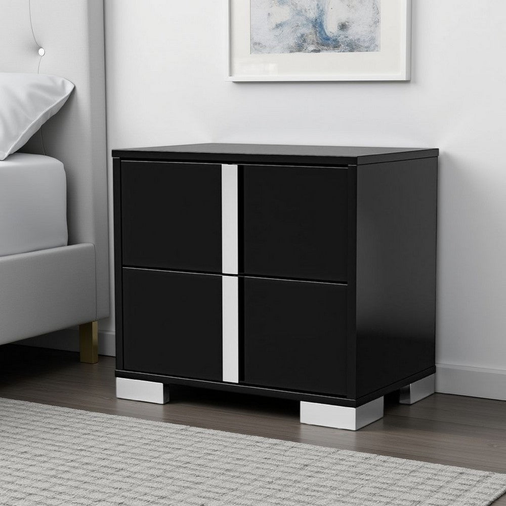 Benjara Suni Nightstand, Piano Black Wood with UV Finish, 2 Drawers, 24 Inch