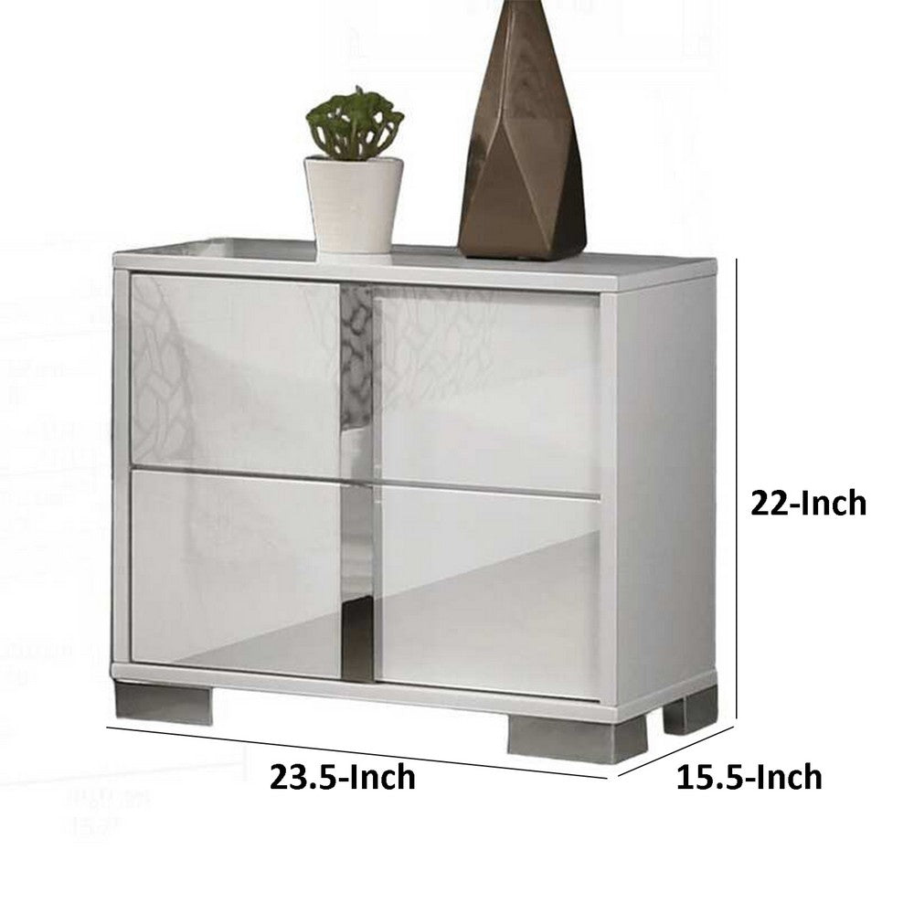 Benjara Suni Nightstand, Glossy White Wood with UV Finish, 2 Drawers, 24 Inch