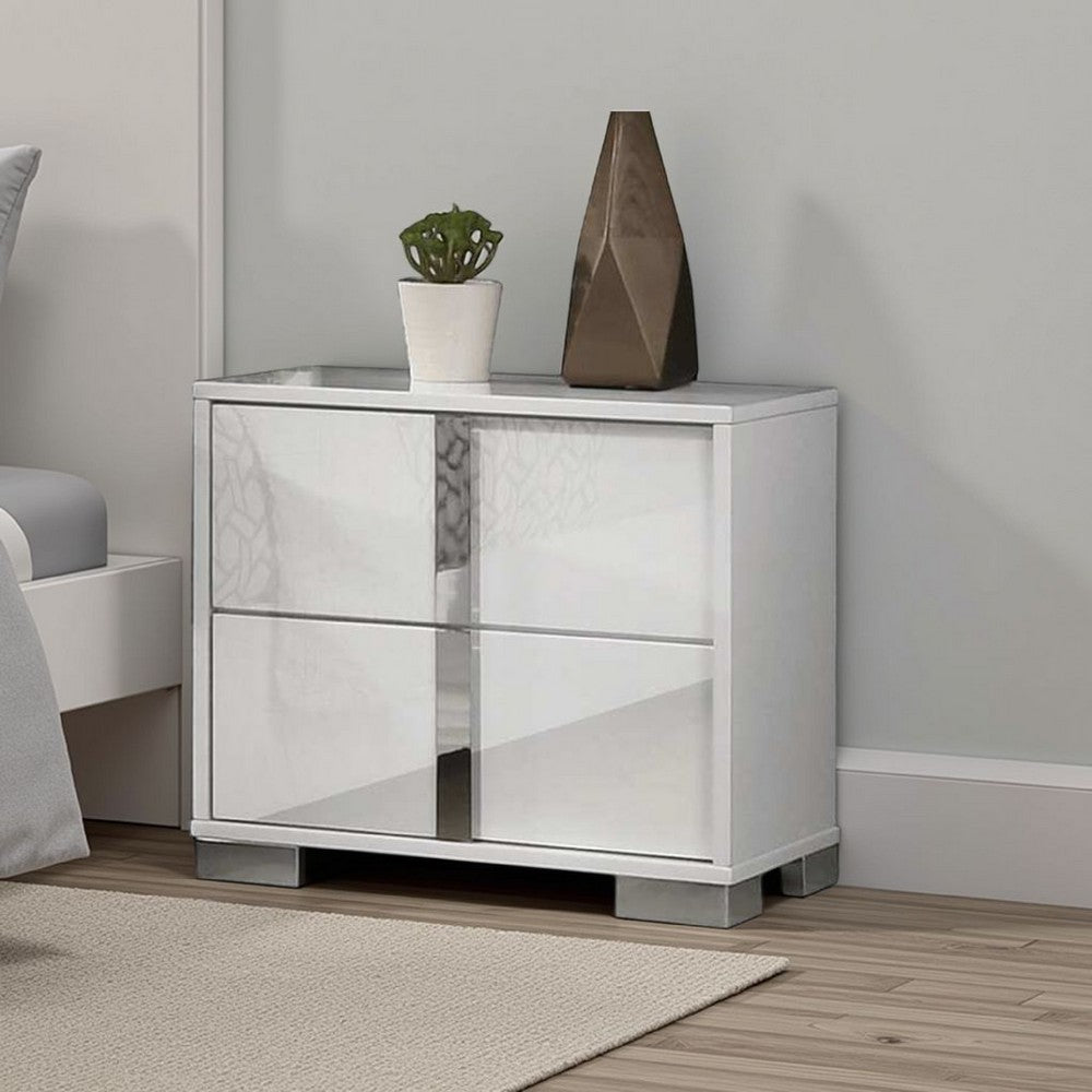 Benjara Suni Nightstand, Glossy White Wood with UV Finish, 2 Drawers, 24 Inch