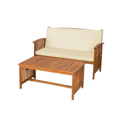 Benjara Kaila 2pc Outdoor Table And Loveseat Set, Beige Cushion, Natural Brown