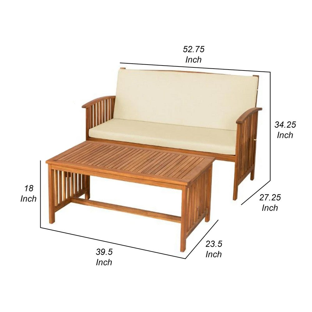 Benjara Kaila 2pc Outdoor Table And Loveseat Set, Beige Cushion, Natural Brown