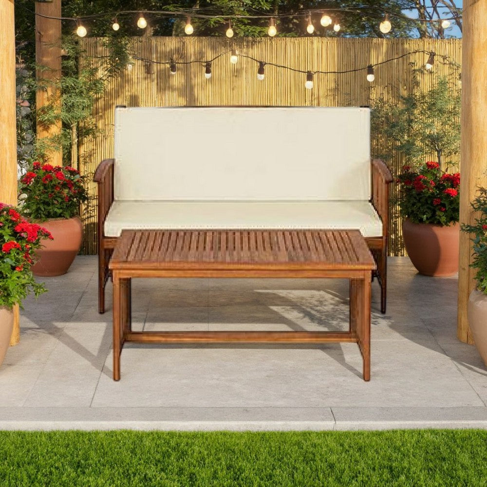Benjara Kaila 2pc Outdoor Table And Loveseat Set, Beige Cushion, Natural Brown
