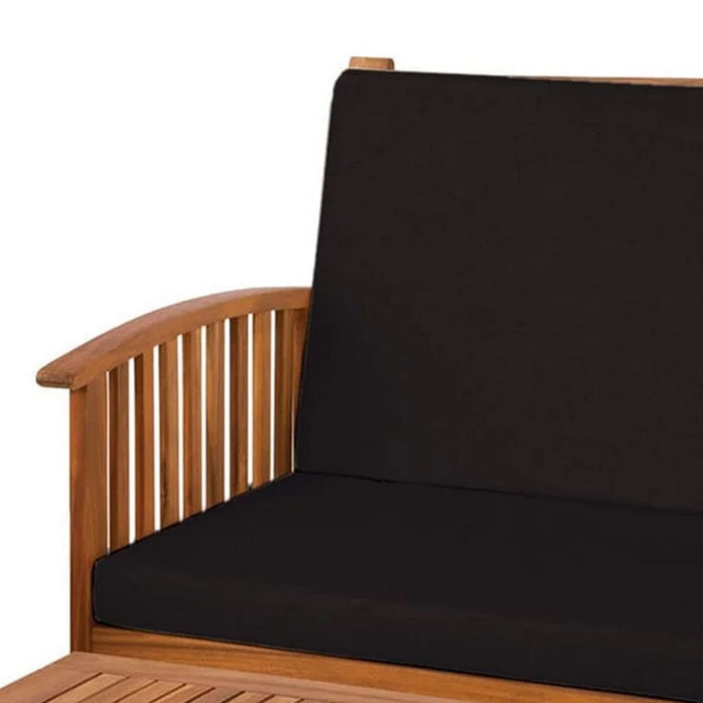 Benjara Kaila 2pc Outdoor Table And Loveseat Set, Black Cushion, Natural Brown