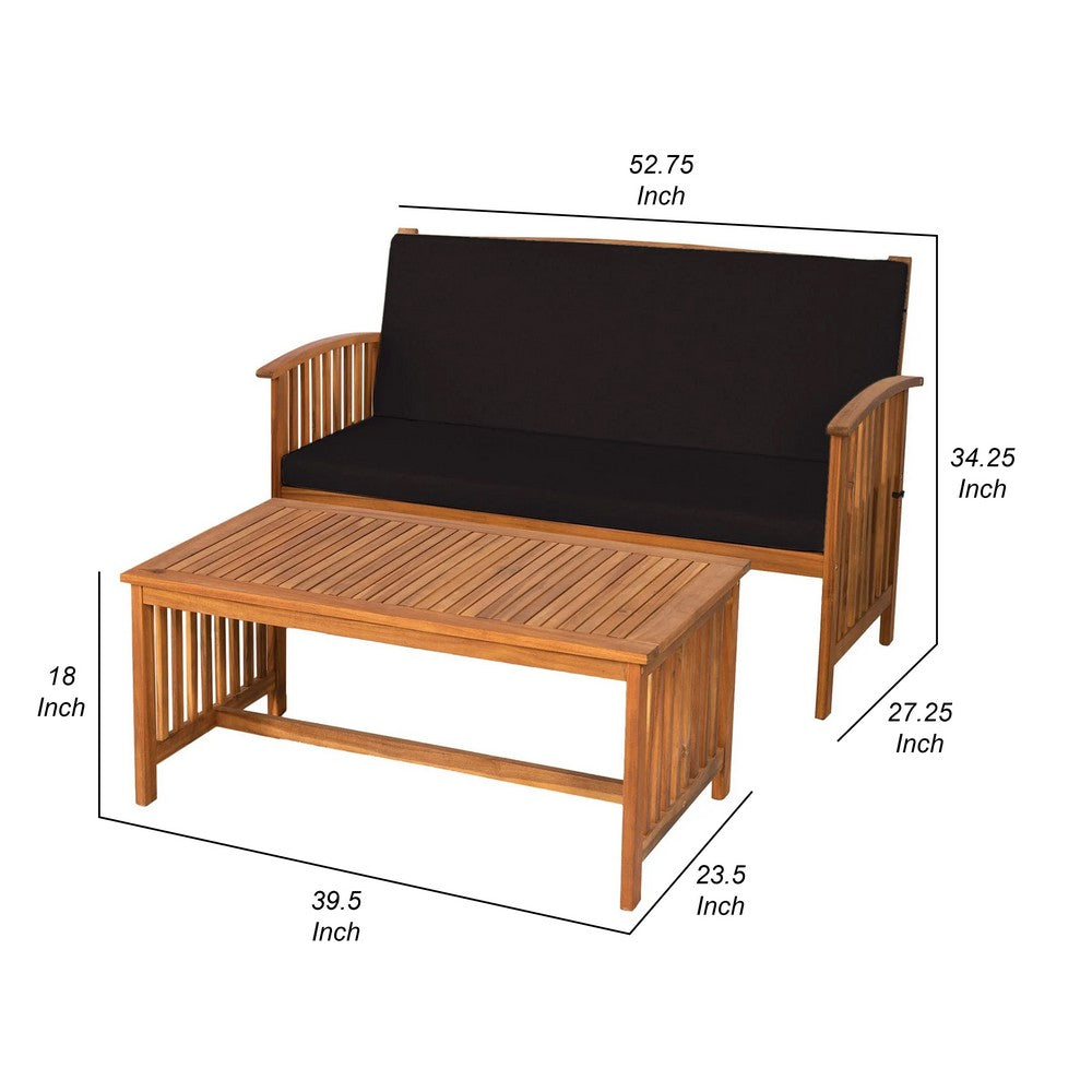 Benjara Kaila 2pc Outdoor Table And Loveseat Set, Black Cushion, Natural Brown