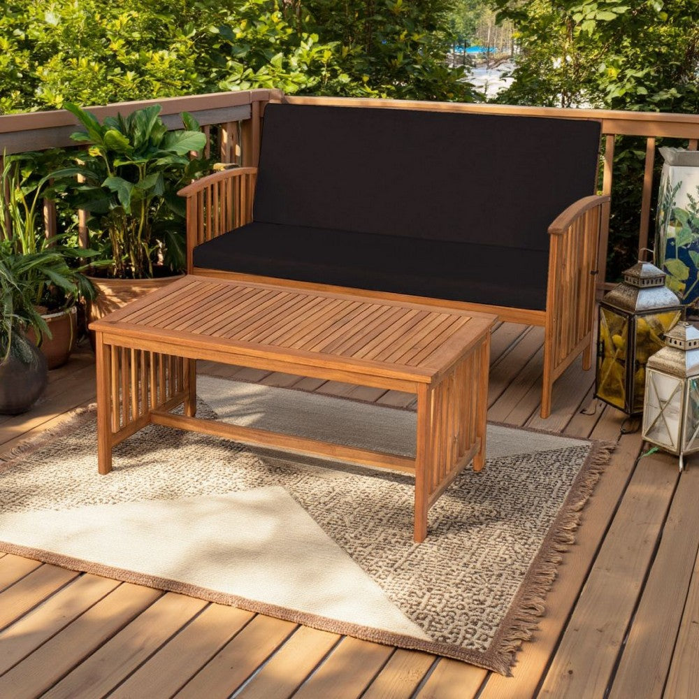 Benjara Kaila 2pc Outdoor Table And Loveseat Set, Black Cushion, Natural Brown