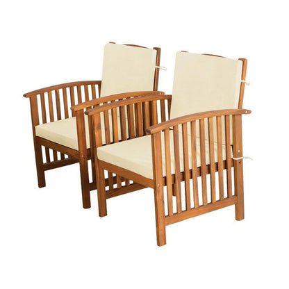 Benjara Kaila Outdoor Armchair Set of 2, Beige Cushions, Natural Brown Wood