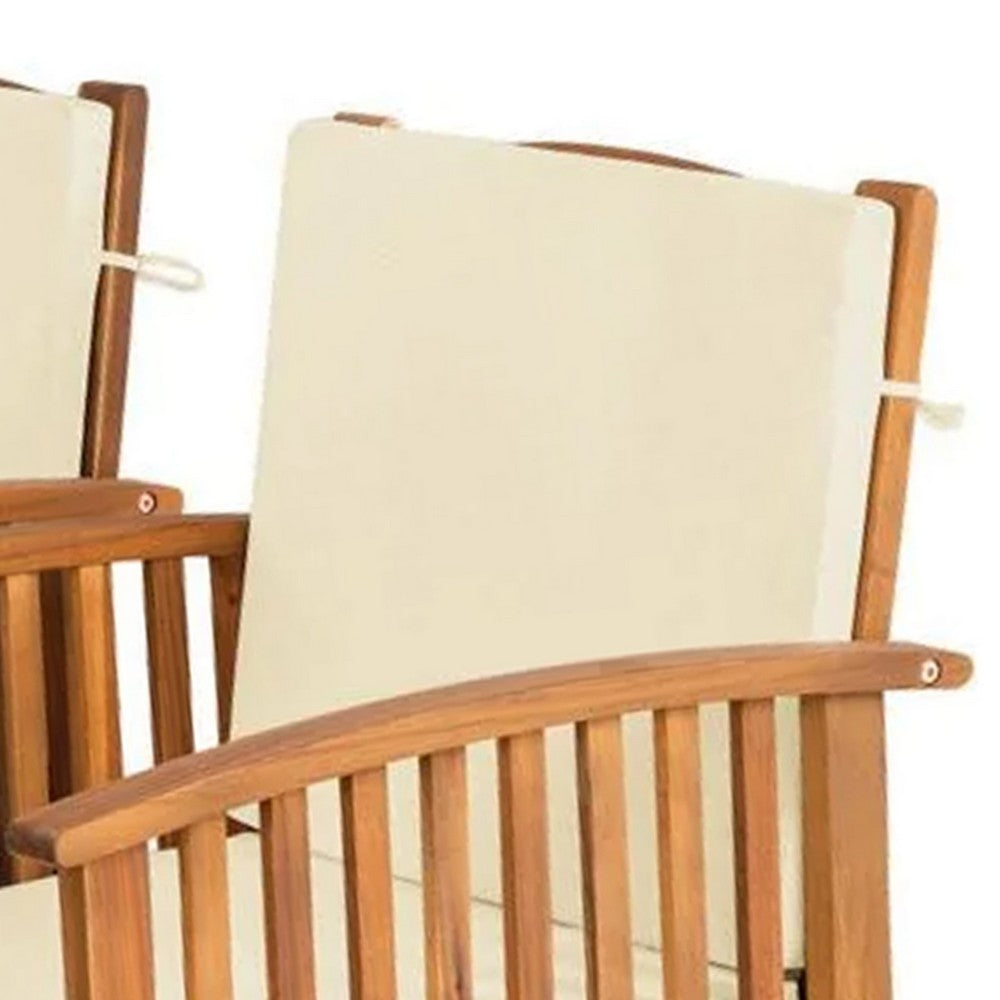 Benjara Kaila Outdoor Armchair Set of 2, Beige Cushions, Natural Brown Wood