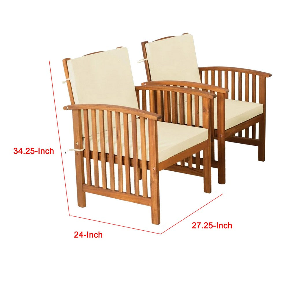 Benjara Kaila Outdoor Armchair Set of 2, Beige Cushions, Natural Brown Wood