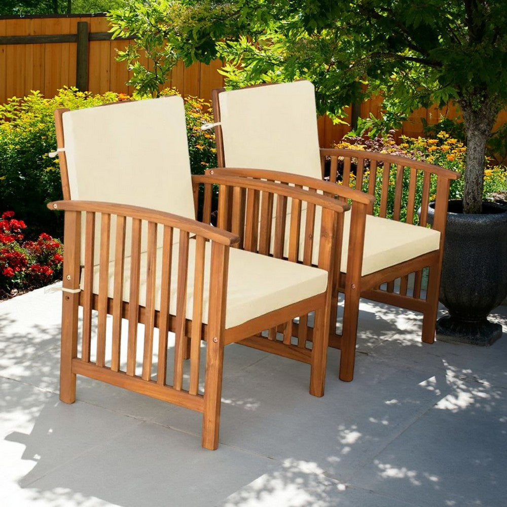 Benjara Kaila Outdoor Armchair Set of 2, Beige Cushions, Natural Brown Wood