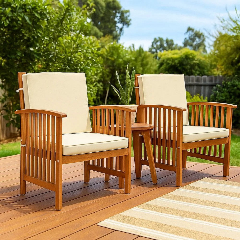 Benjara Kaila Outdoor Armchair Set of 2, Beige Cushions, Natural Brown Wood