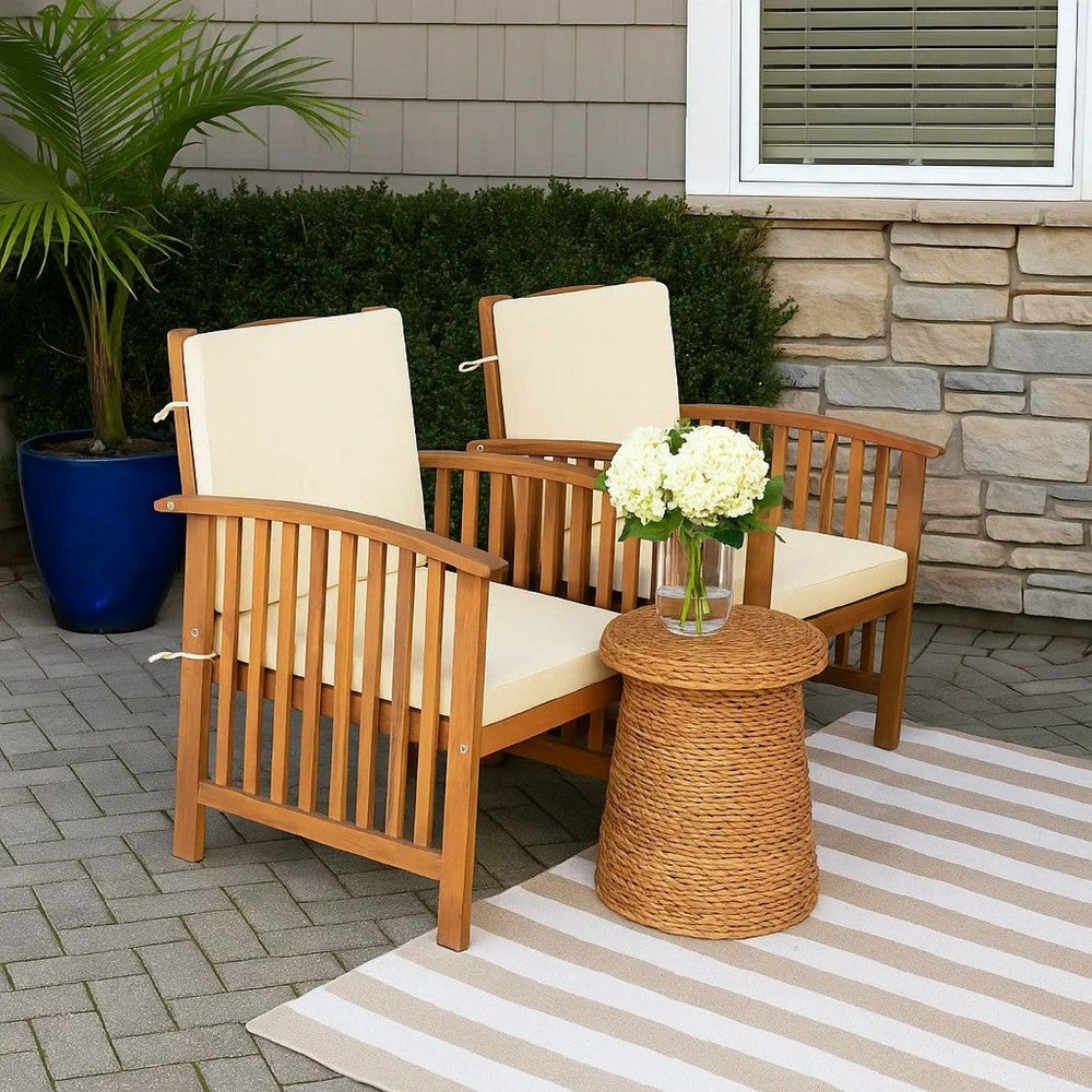 Benjara Kaila Outdoor Armchair Set of 2, Beige Cushions, Natural Brown Wood
