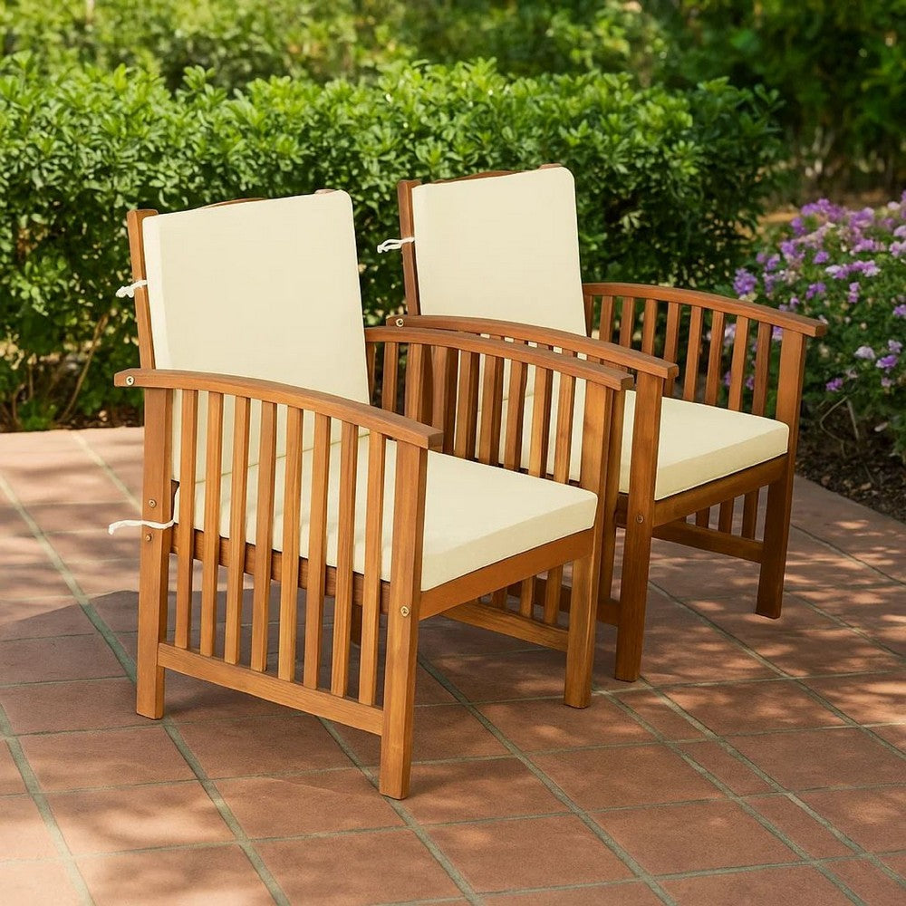 Benjara Kaila Outdoor Armchair Set of 2, Beige Cushions, Natural Brown Wood