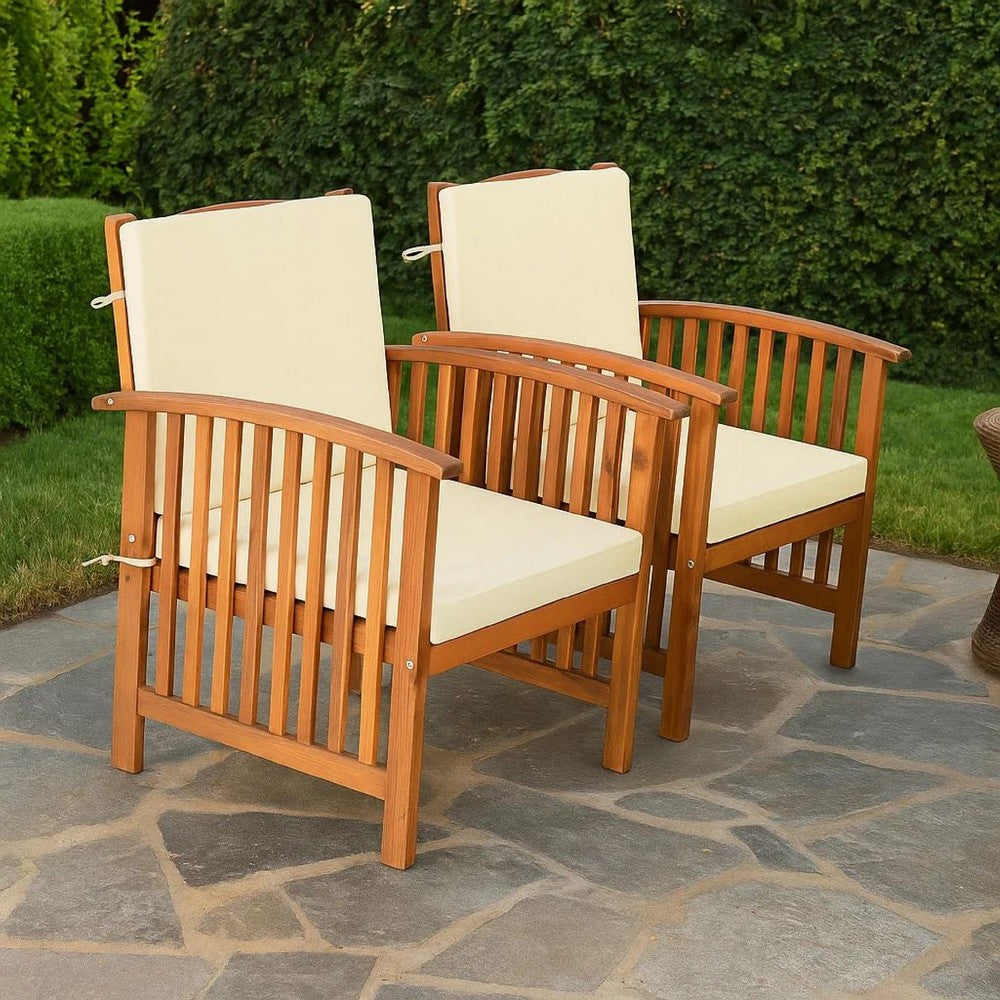 Benjara Kaila Outdoor Armchair Set of 2, Beige Cushions, Natural Brown Wood