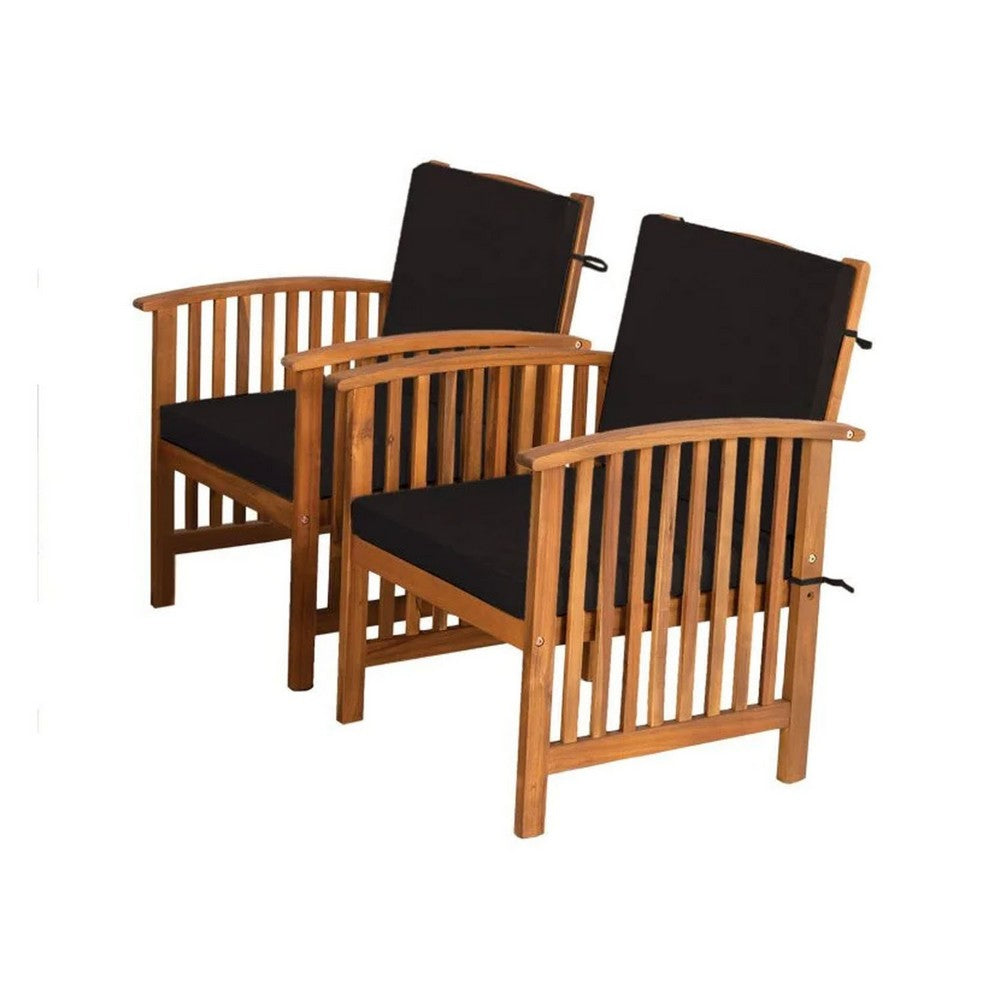 Benjara Kaila Outdoor Armchair Set of 2, Black Cushions, Natural Brown Wood