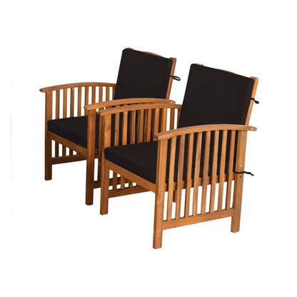 Benjara Kaila Outdoor Armchair Set of 2, Black Cushions, Natural Brown Wood