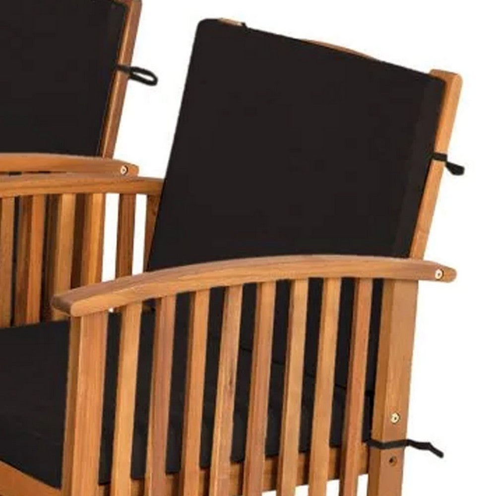 Benjara Kaila Outdoor Armchair Set of 2, Black Cushions, Natural Brown Wood
