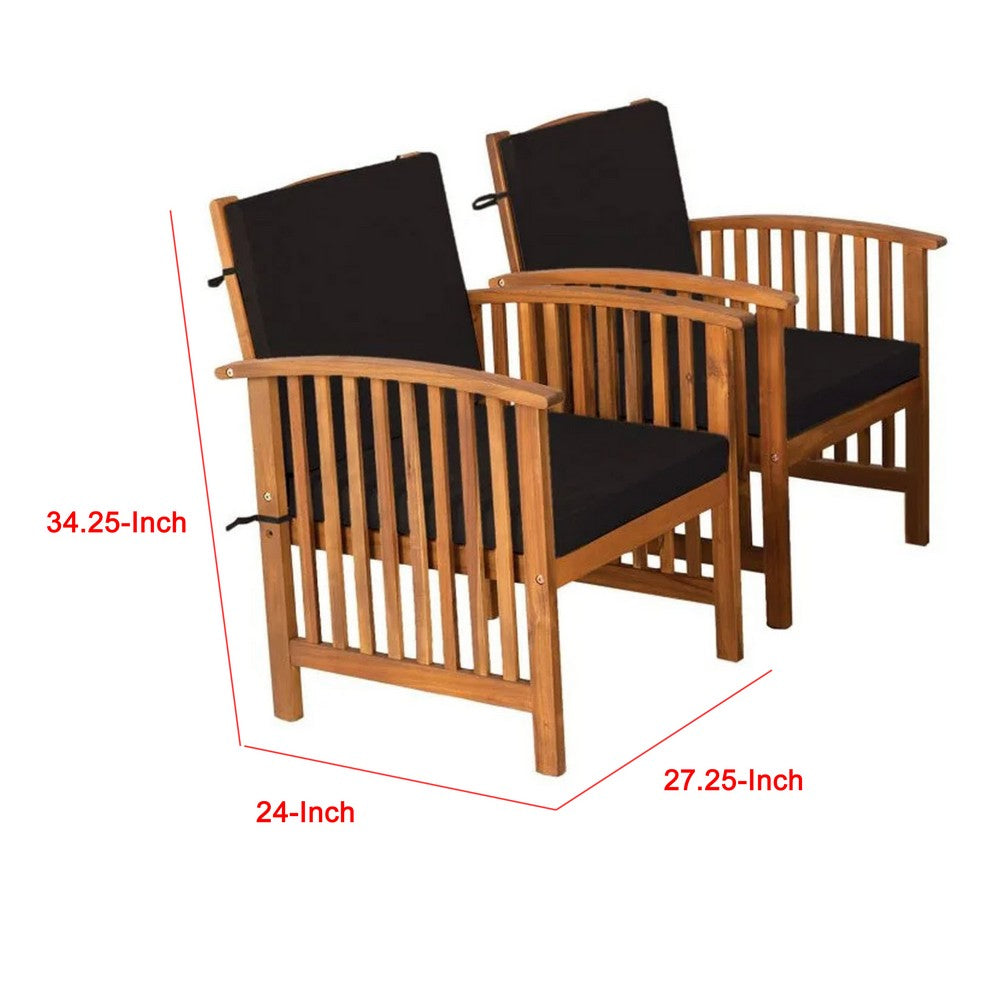 Benjara Kaila Outdoor Armchair Set of 2, Black Cushions, Natural Brown Wood