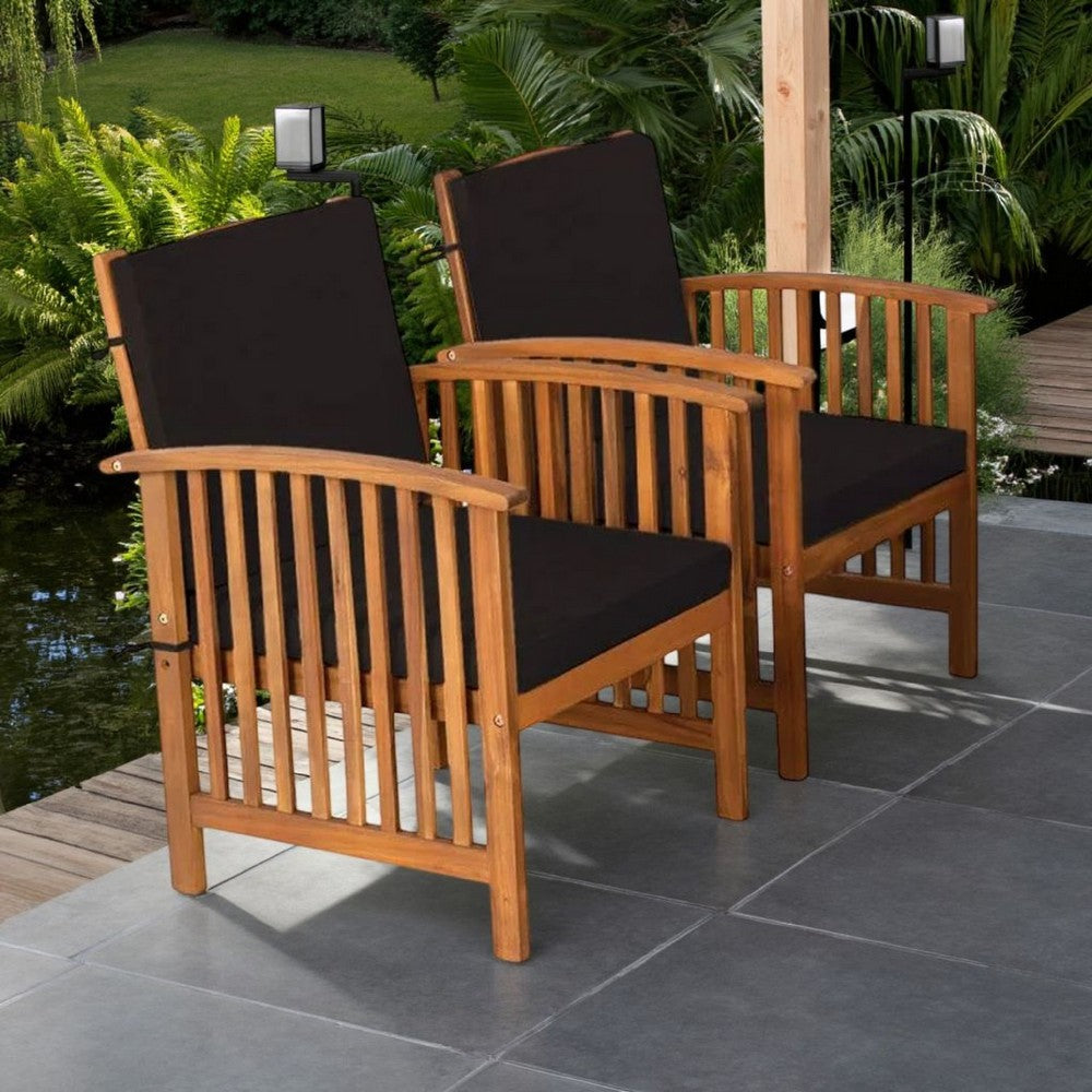Benjara Kaila Outdoor Armchair Set of 2, Black Cushions, Natural Brown Wood