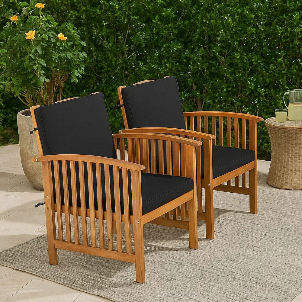 Benjara Kaila Outdoor Armchair Set of 2, Black Cushions, Natural Brown Wood