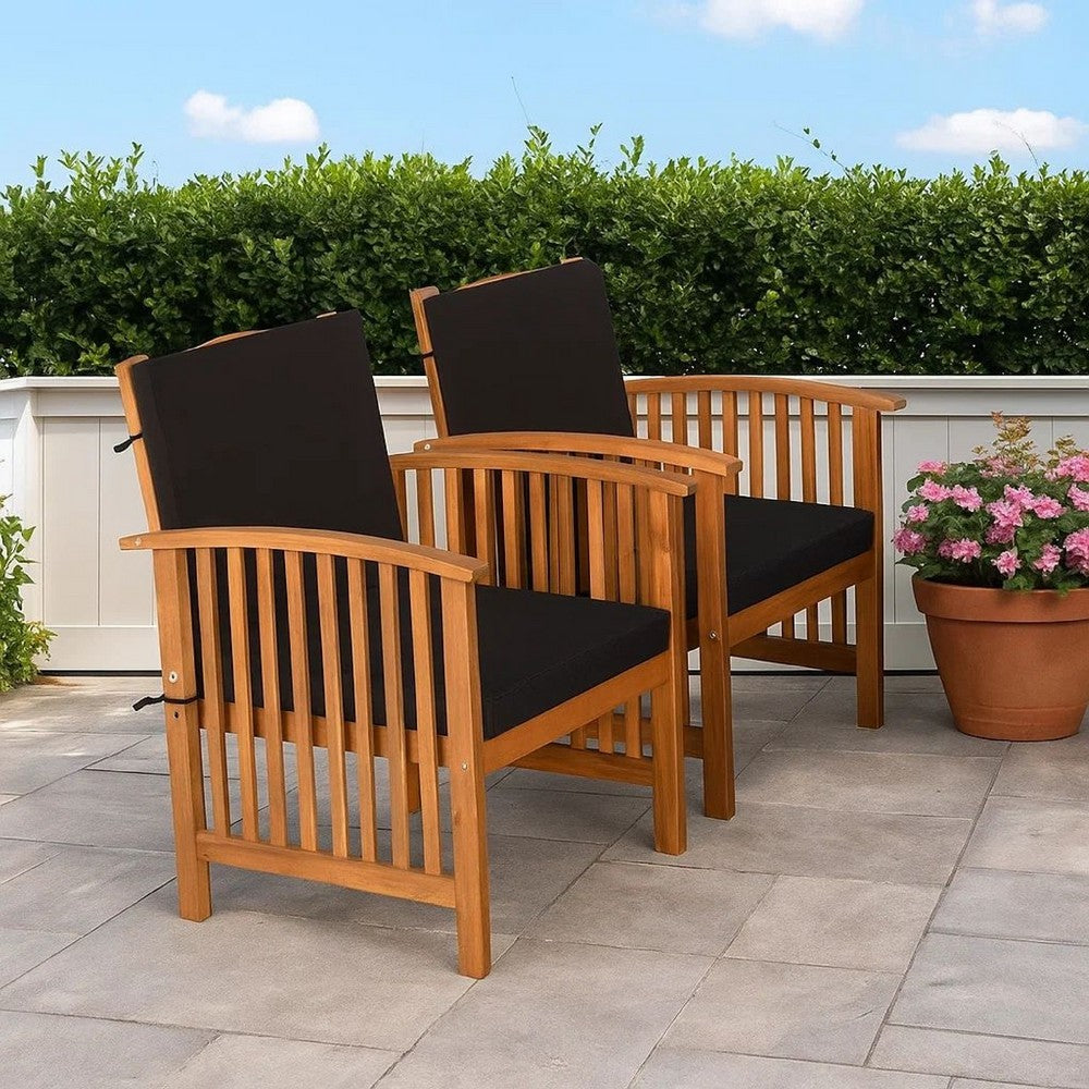Benjara Kaila Outdoor Armchair Set of 2, Black Cushions, Natural Brown Wood