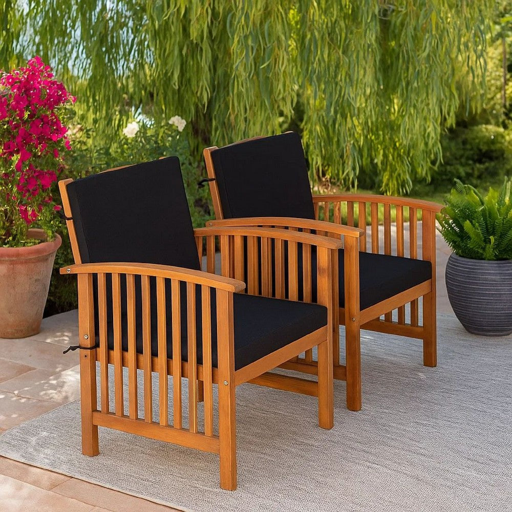Benjara Kaila Outdoor Armchair Set of 2, Black Cushions, Natural Brown Wood