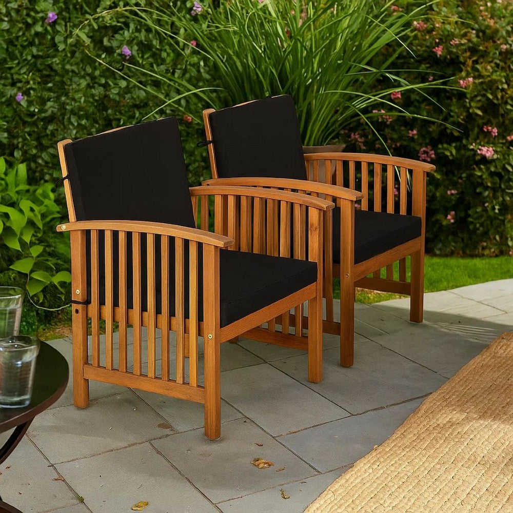 Benjara Kaila Outdoor Armchair Set of 2, Black Cushions, Natural Brown Wood