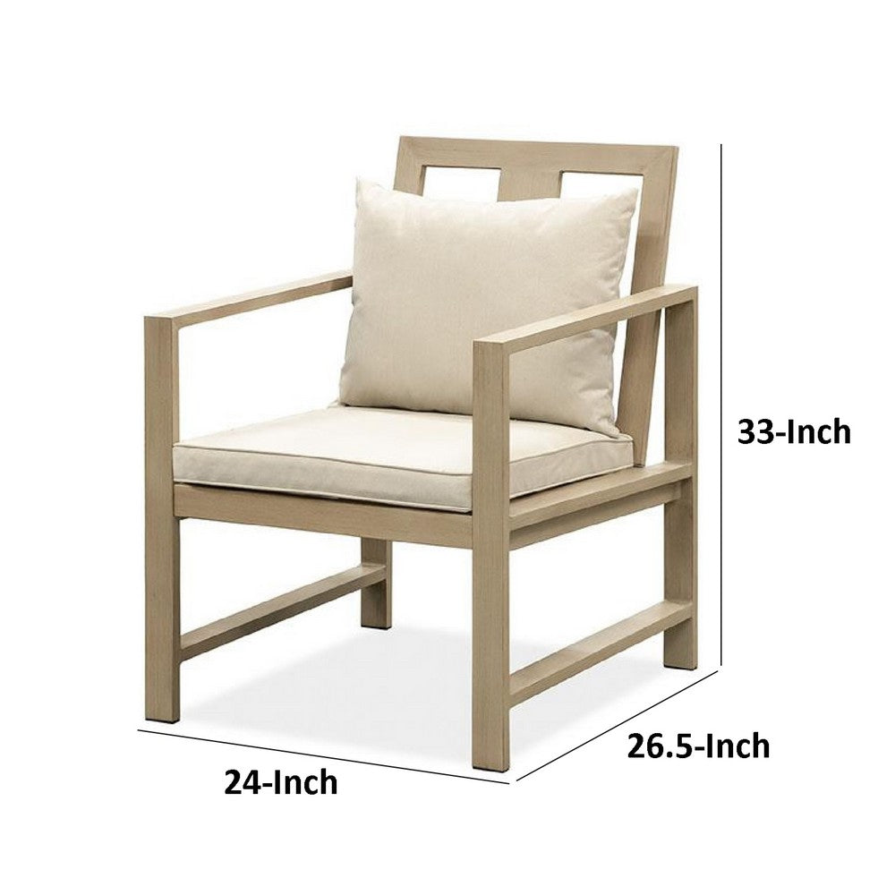 Benjara Beli Outdoor Armchair Set of 2, Washable Beige Covers, Natural Brown