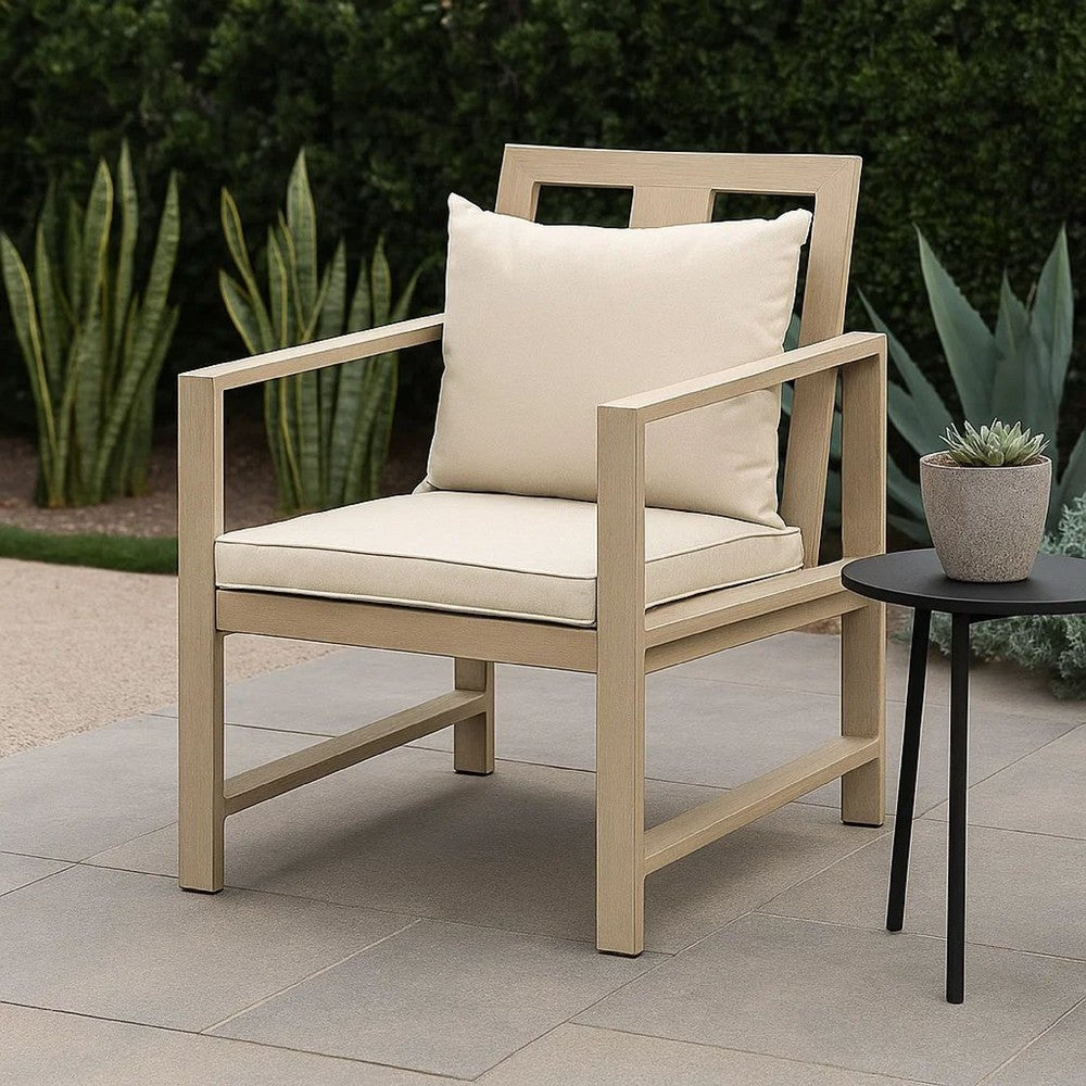 Benjara Beli Outdoor Armchair Set of 2, Washable Beige Covers, Natural Brown
