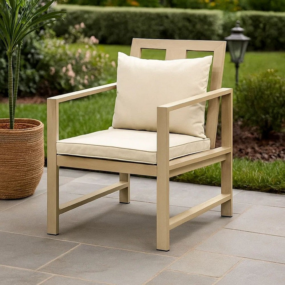 Benjara Beli Outdoor Armchair Set of 2, Washable Beige Covers, Natural Brown