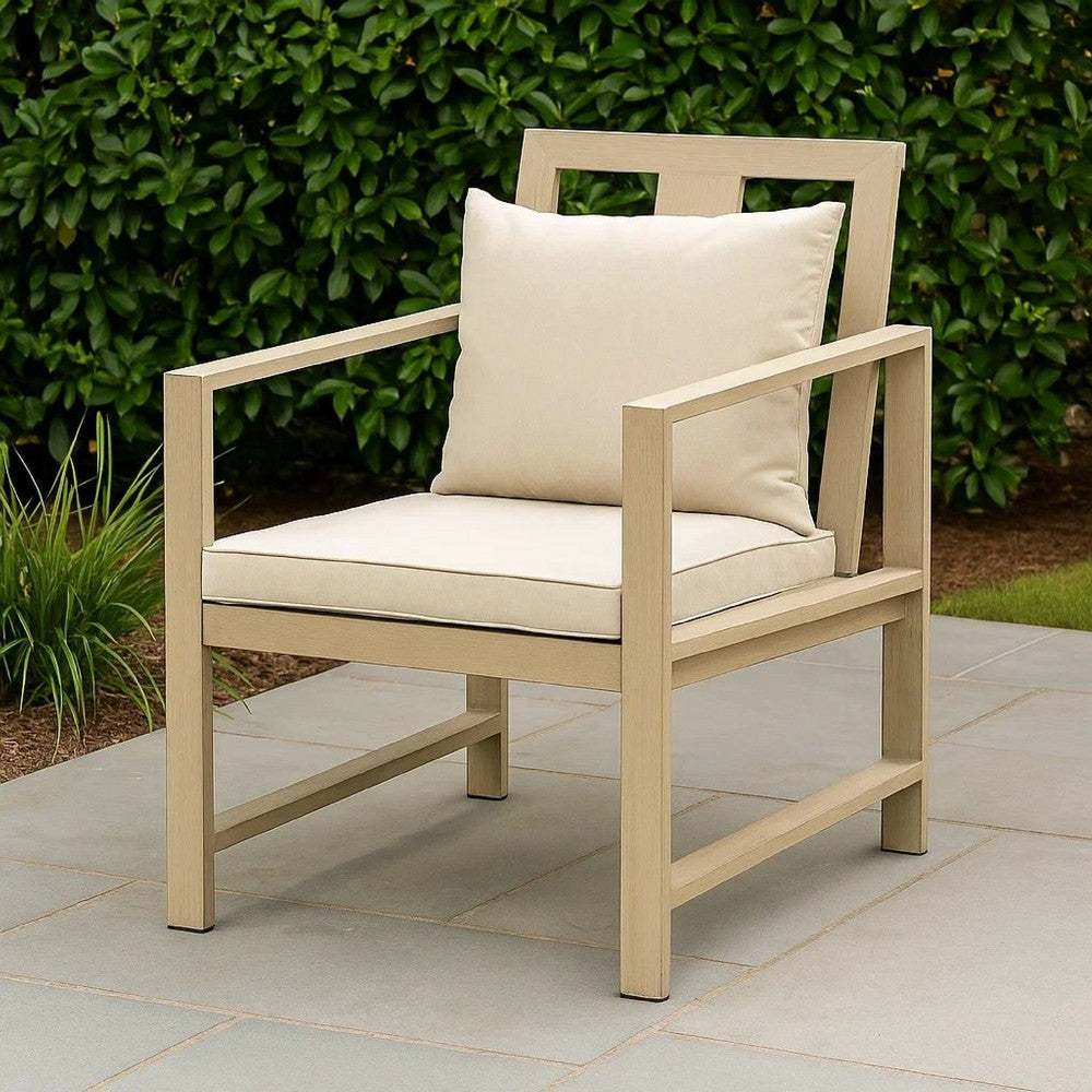 Benjara Beli Outdoor Armchair Set of 2, Washable Beige Covers, Natural Brown