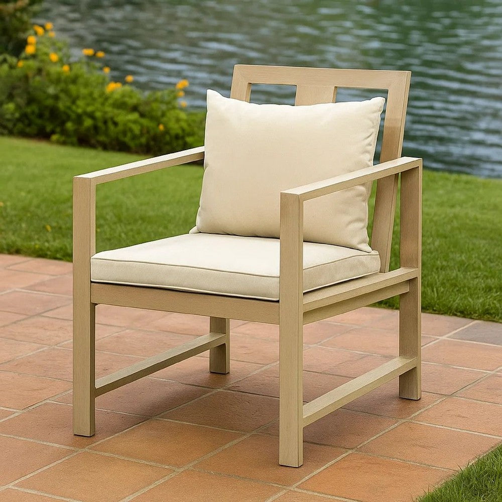 Benjara Beli Outdoor Armchair Set of 2, Washable Beige Covers, Natural Brown