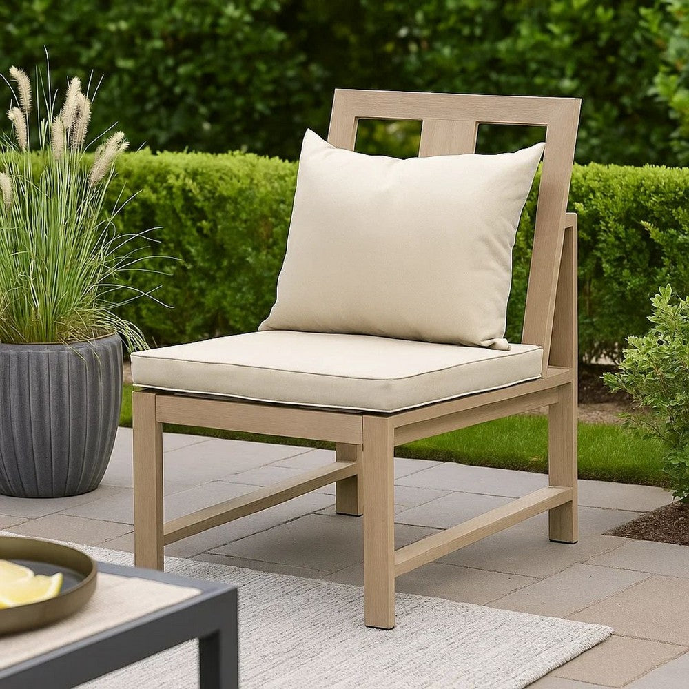 Benjara Beli Outdoor Side Chair Set of 2, Washable Beige Covers, Natural Brown