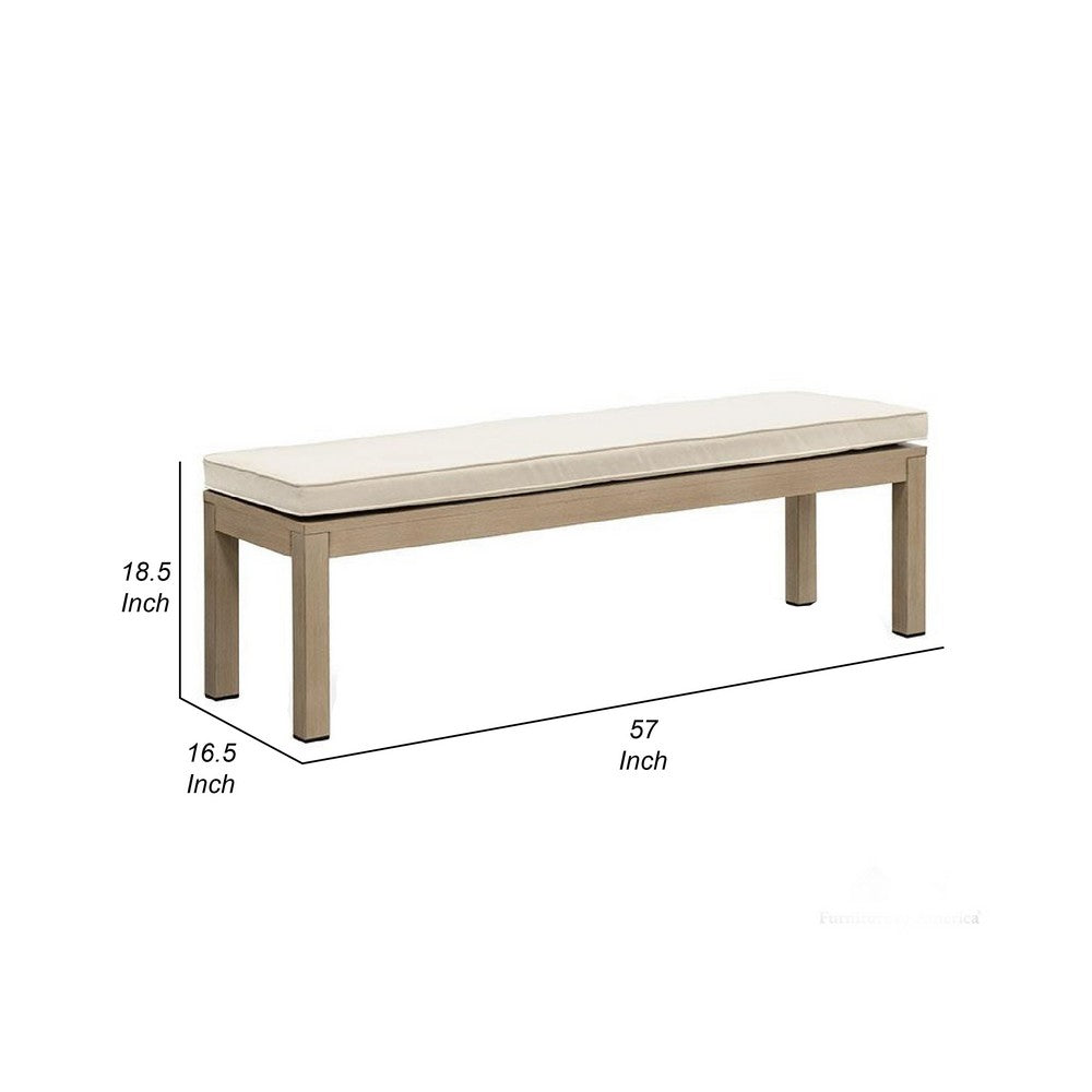 Benjara Beli Outdoor Bench, Beige Seat Cushion, Natural Brown Aluminum 57 Inch