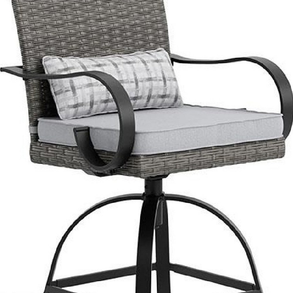 Benjara Leki Swivel Counter Height Chair Set of 2, Gray Rattan, Black Metal