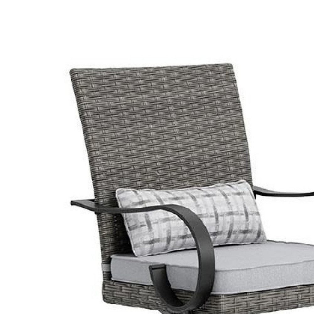 Benjara Leki Swivel Counter Height Chair Set of 2, Gray Rattan, Black Metal