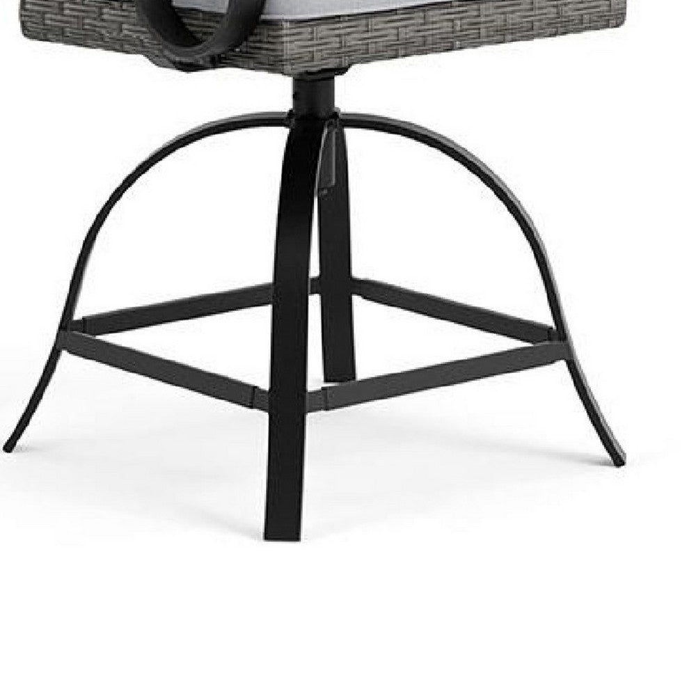 Benjara Leki Swivel Counter Height Chair Set of 2, Gray Rattan, Black Metal