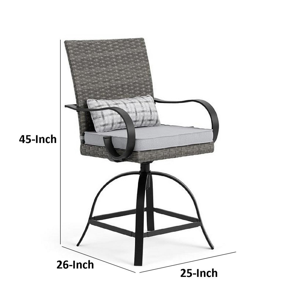 Benjara Leki Swivel Counter Height Chair Set of 2, Gray Rattan, Black Metal