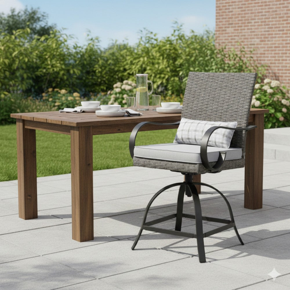 Benjara Leki Swivel Counter Height Chair Set of 2, Gray Rattan, Black Metal