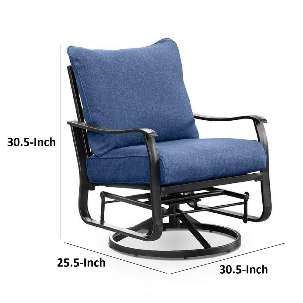 Benjara Oroz Swivel Glider Armchair Set of 2, Navy Blue Cushion, Black Metal