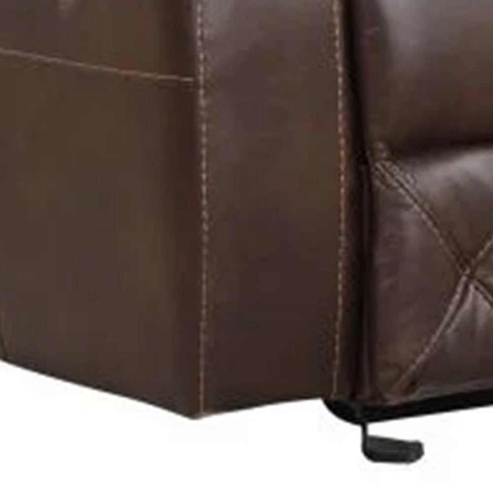 Benjara Kesy Manual Glider Recliner Chair, Pillow Top Arms, Brown Faux Leather